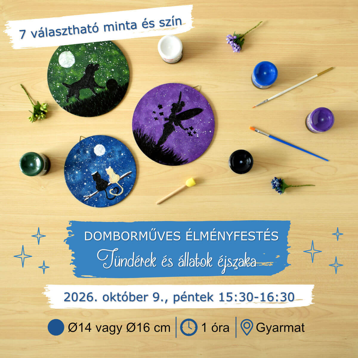 2026.10.09. 15:30-16:30, Gyarmat - Domborműves élményfestés: Tündérek és állatok éjszaka
