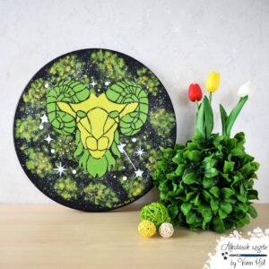 40 cm átmérőjű csillagjegyes festmény, Kos mintával, zöldes színárnyalatban