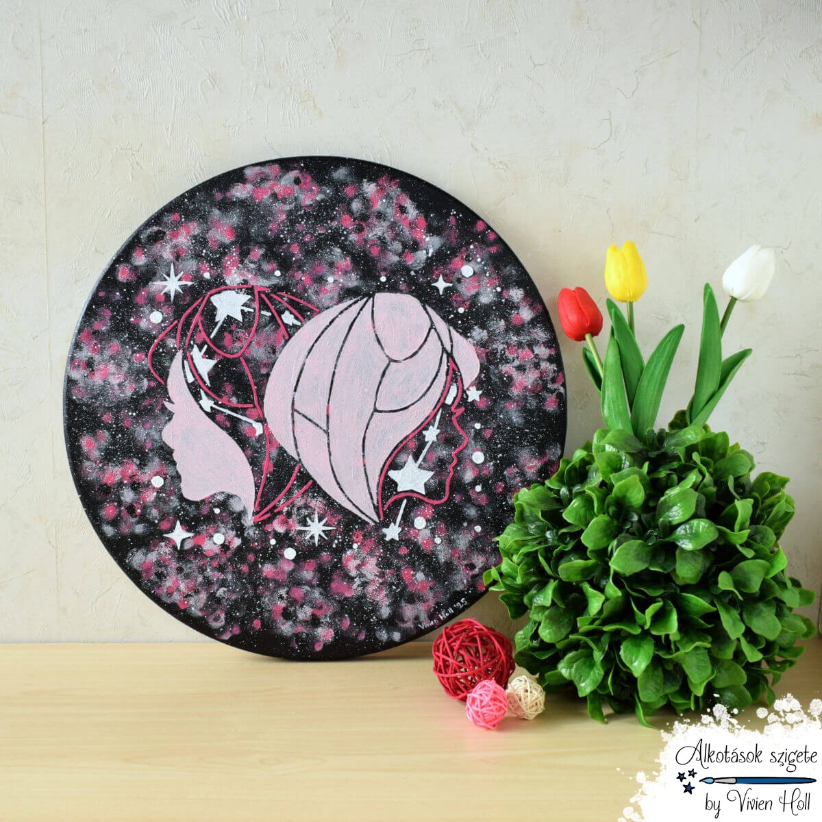 40 cm átmérőjű csillagjegyes festmény, Ikrek mintával, rózsaszín-magenta színárnyalatban
