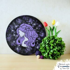 40 cm átmérőjű csillagjegyes festmény, Szűz mintával, lilás színárnyalatban